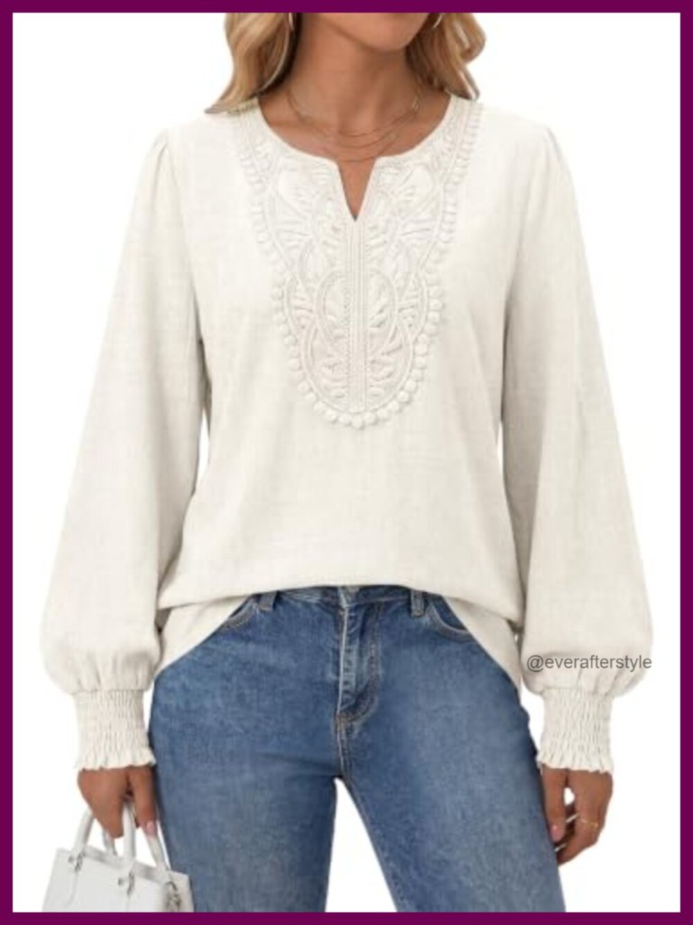 Linen Blend Boho V-Neck Blouse with Lace Trim Long Sleeve Top